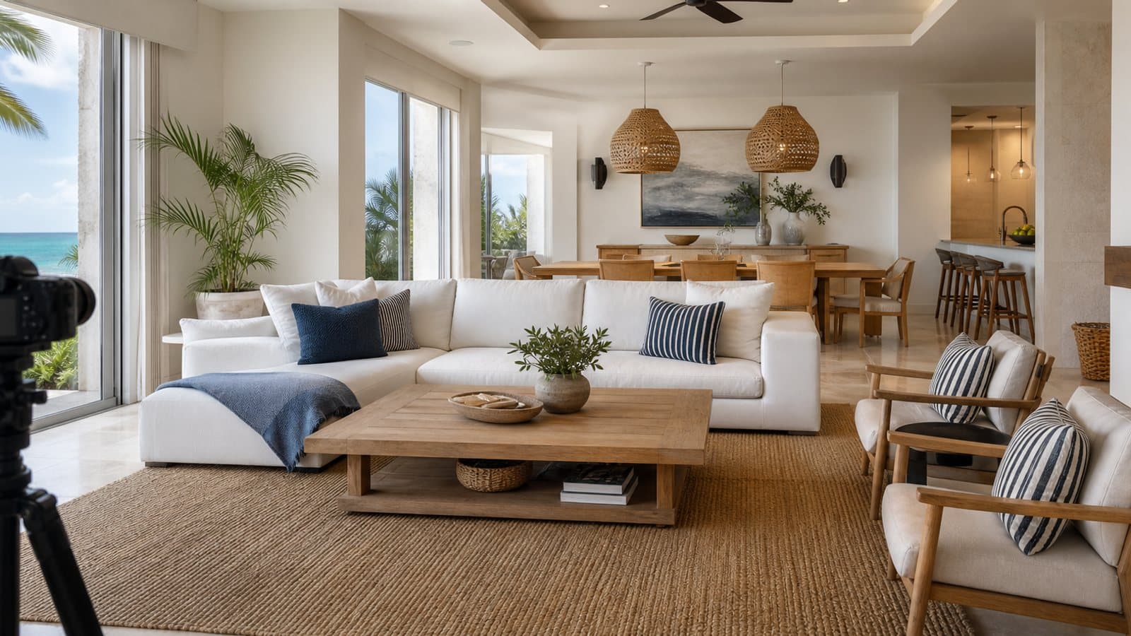 Sala y comedor preparados para una sesión de fotografía inmobiliaria