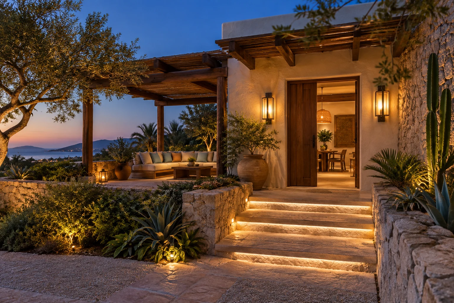 Terraza y accesos iluminados al anochecer