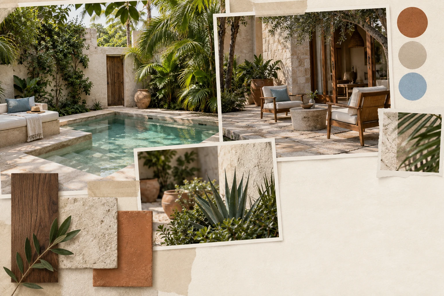 Composición de patios, vegetación y materiales de exterior