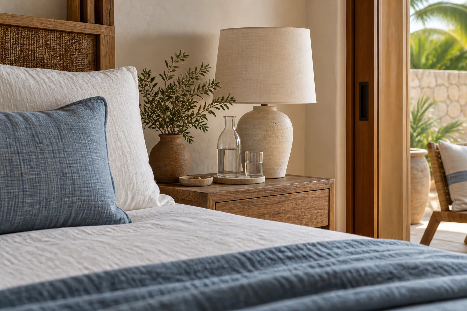Detalle de blancos, lámpara y agua junto a la cama