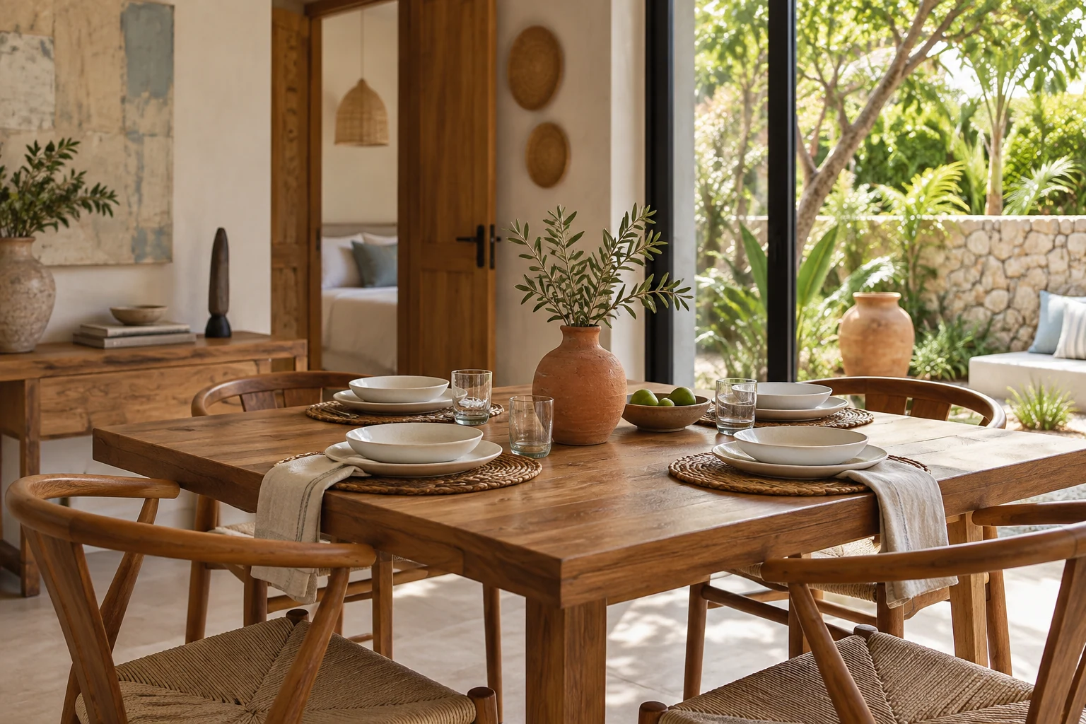 Comedor con mesa de madera y cerámica clara