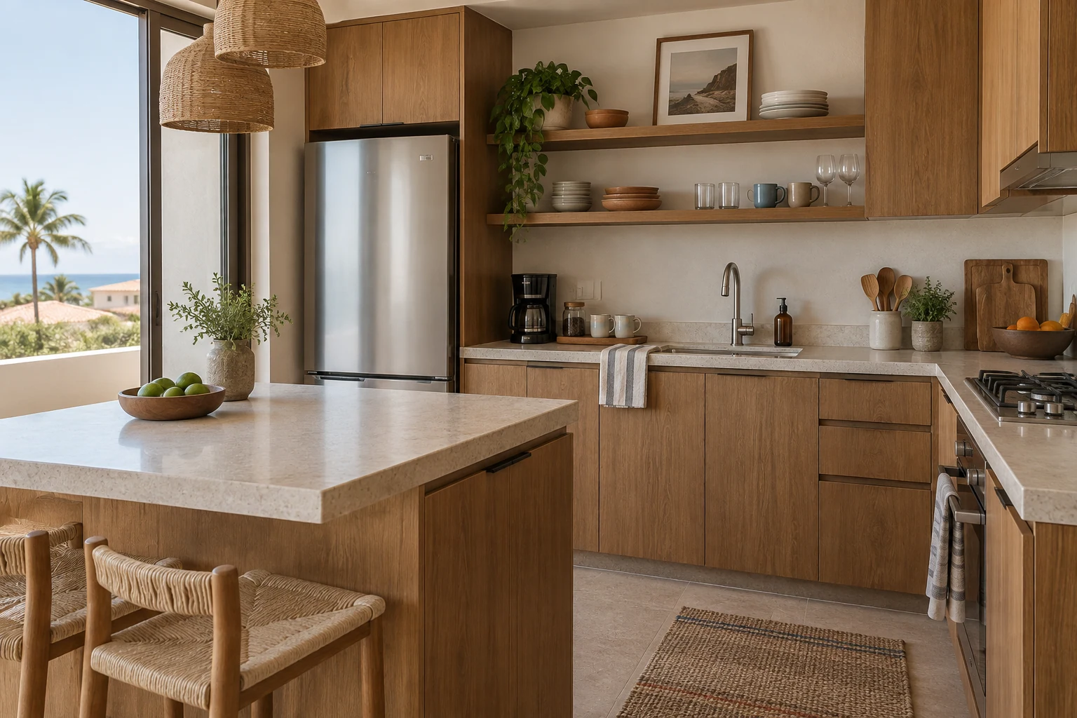 Cocina equipada con utensilios y superficies despejadas