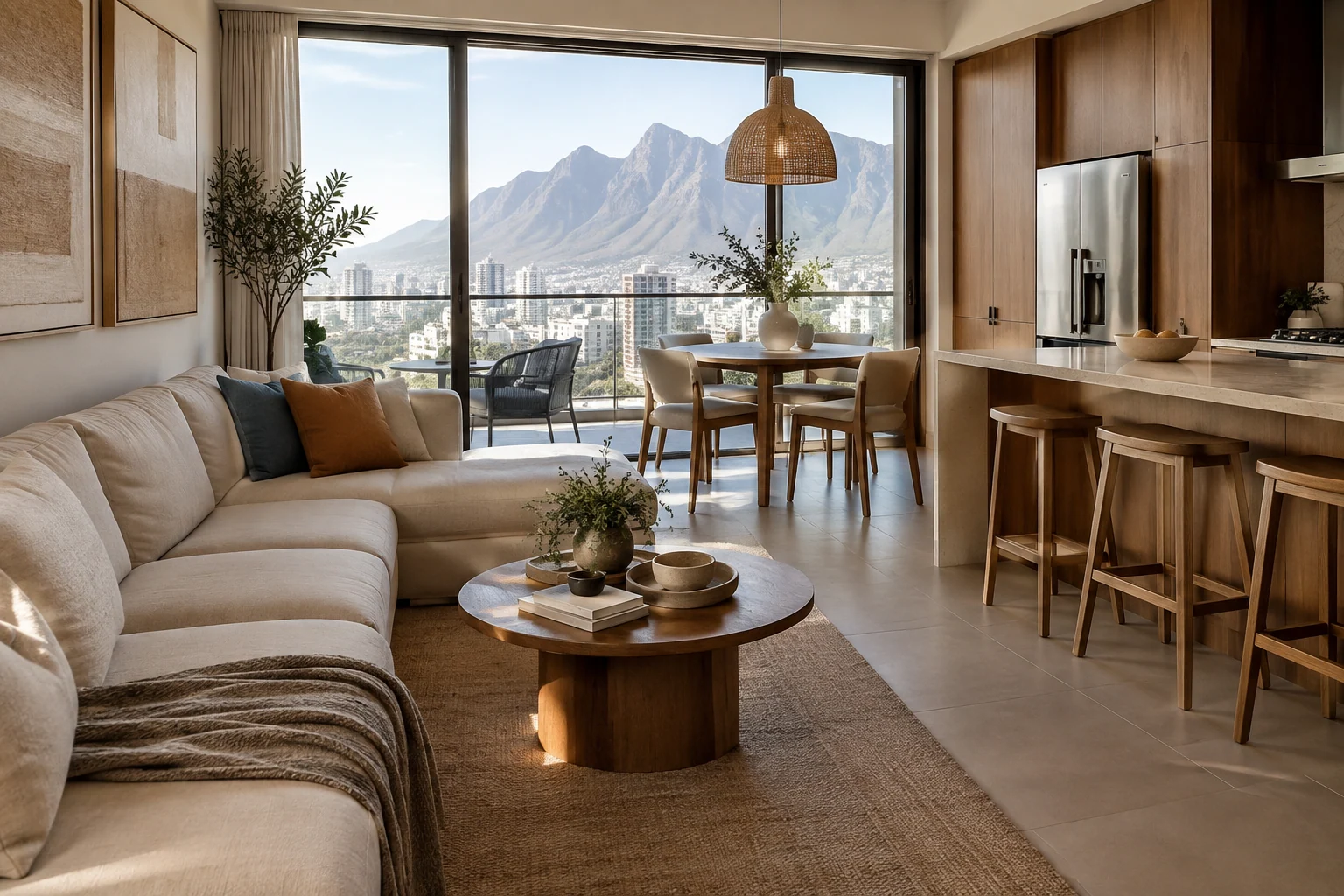 Departamento equipado con sala, comedor y vista a la ciudad