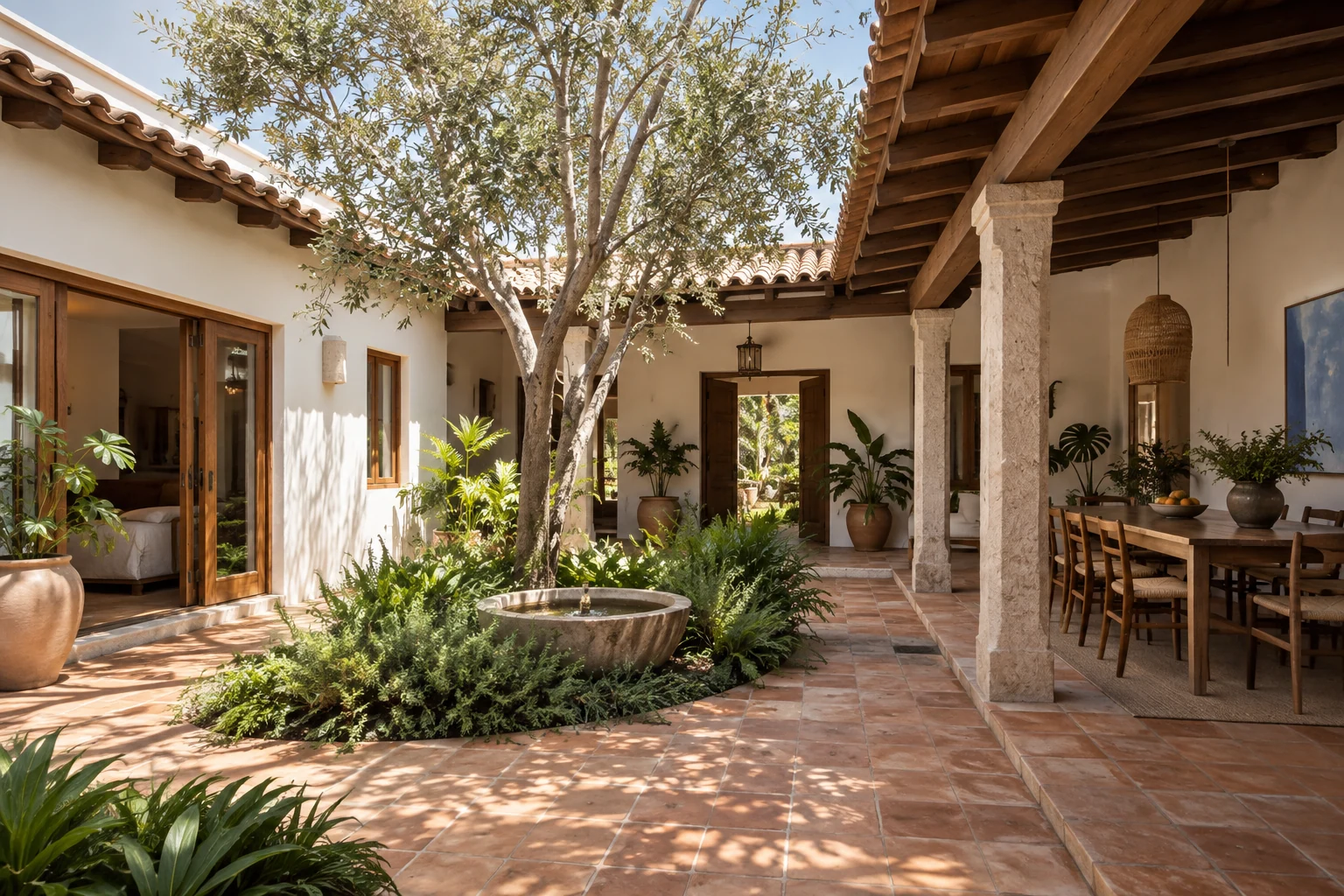 Casa con patio interior y materiales naturales