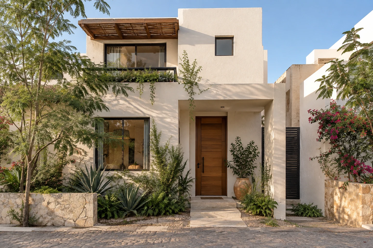 Casa contemporánea con acceso de madera y jardín cuidado
