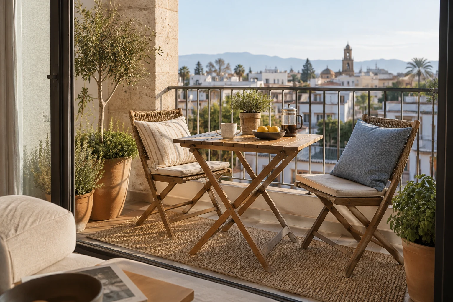Balcón pequeño con mesa, asientos y plantas
