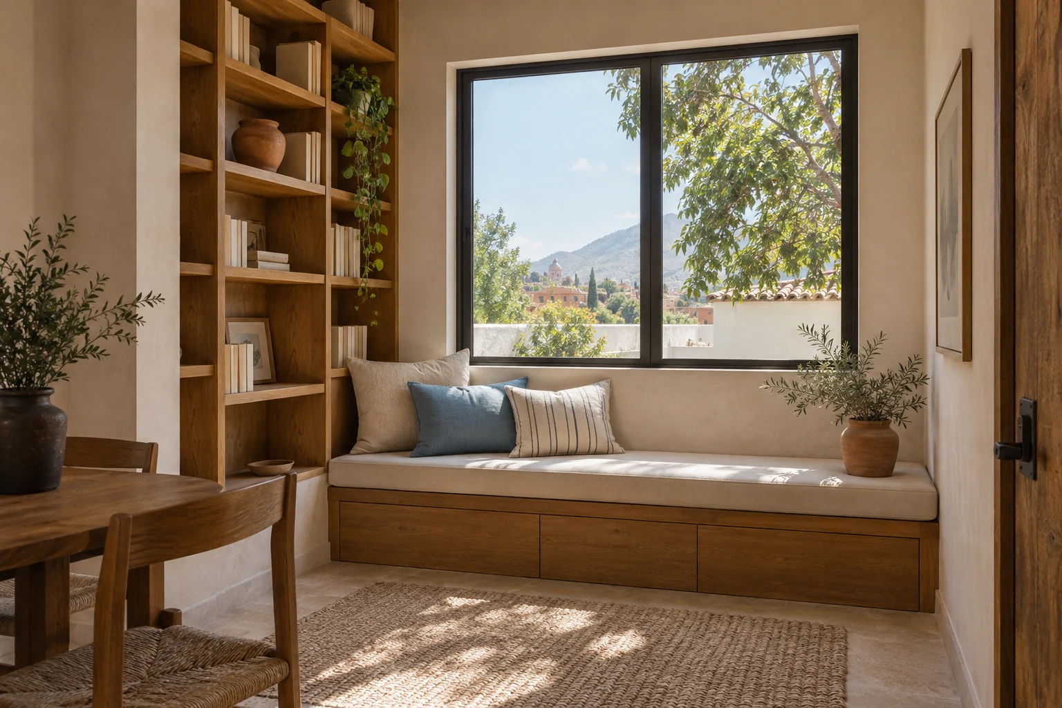 Rincón de lectura con asiento y librero de madera