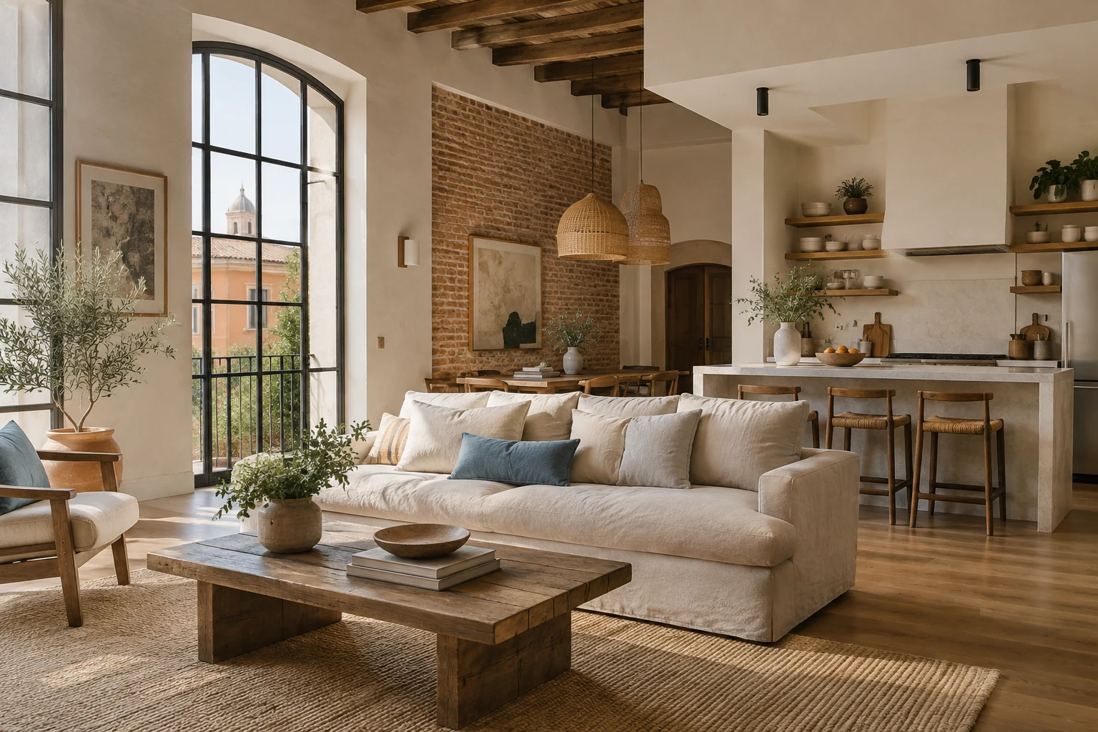 Loft amueblado con materiales cálidos y luz natural