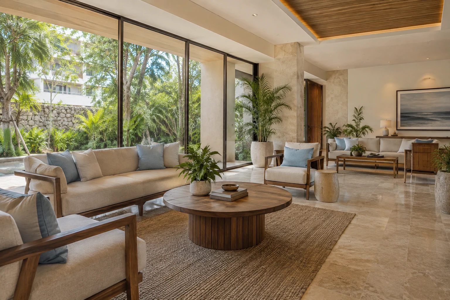 Sala compartida con áreas de descanso junto al jardín
