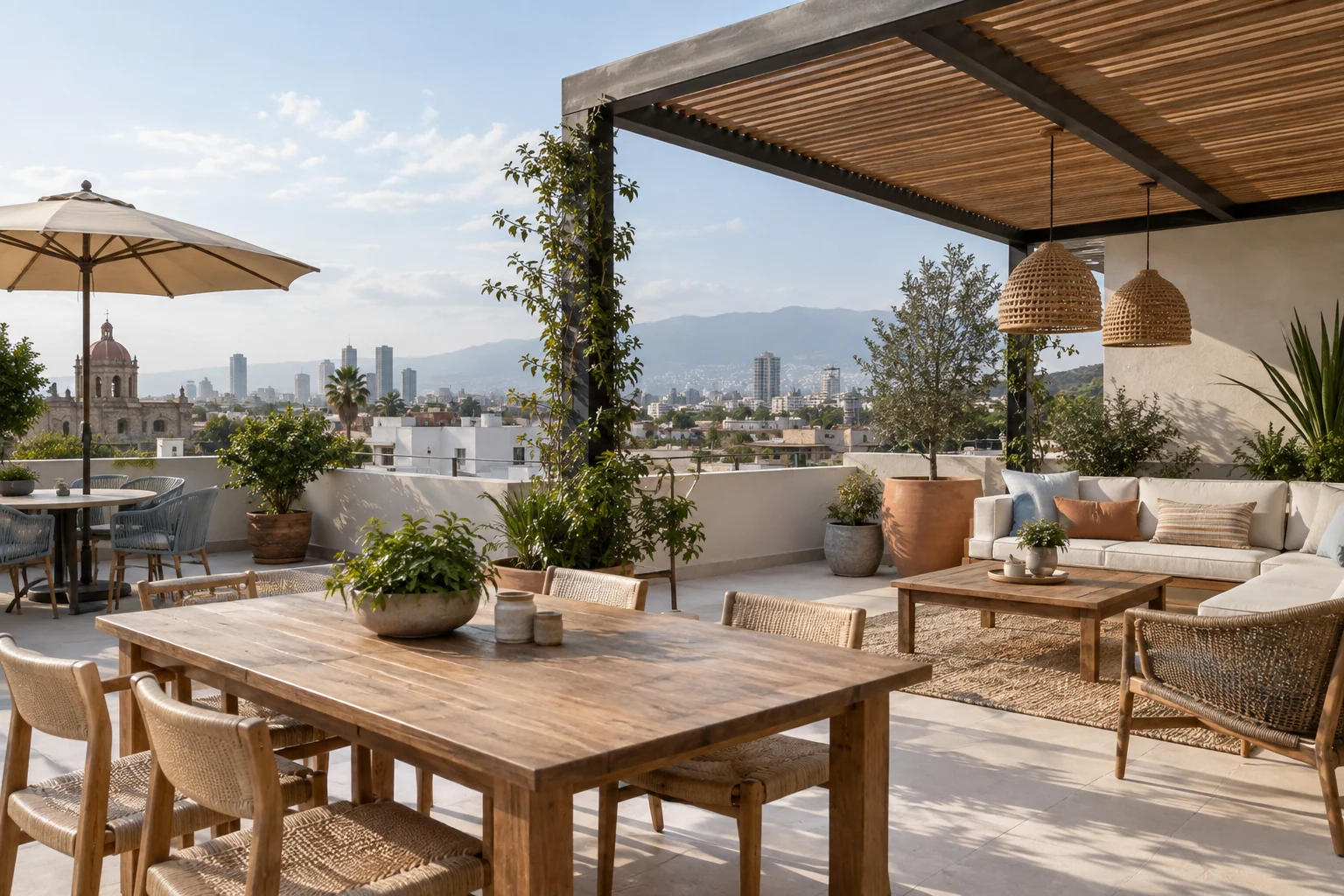Terraza compartida con mesas y pérgola