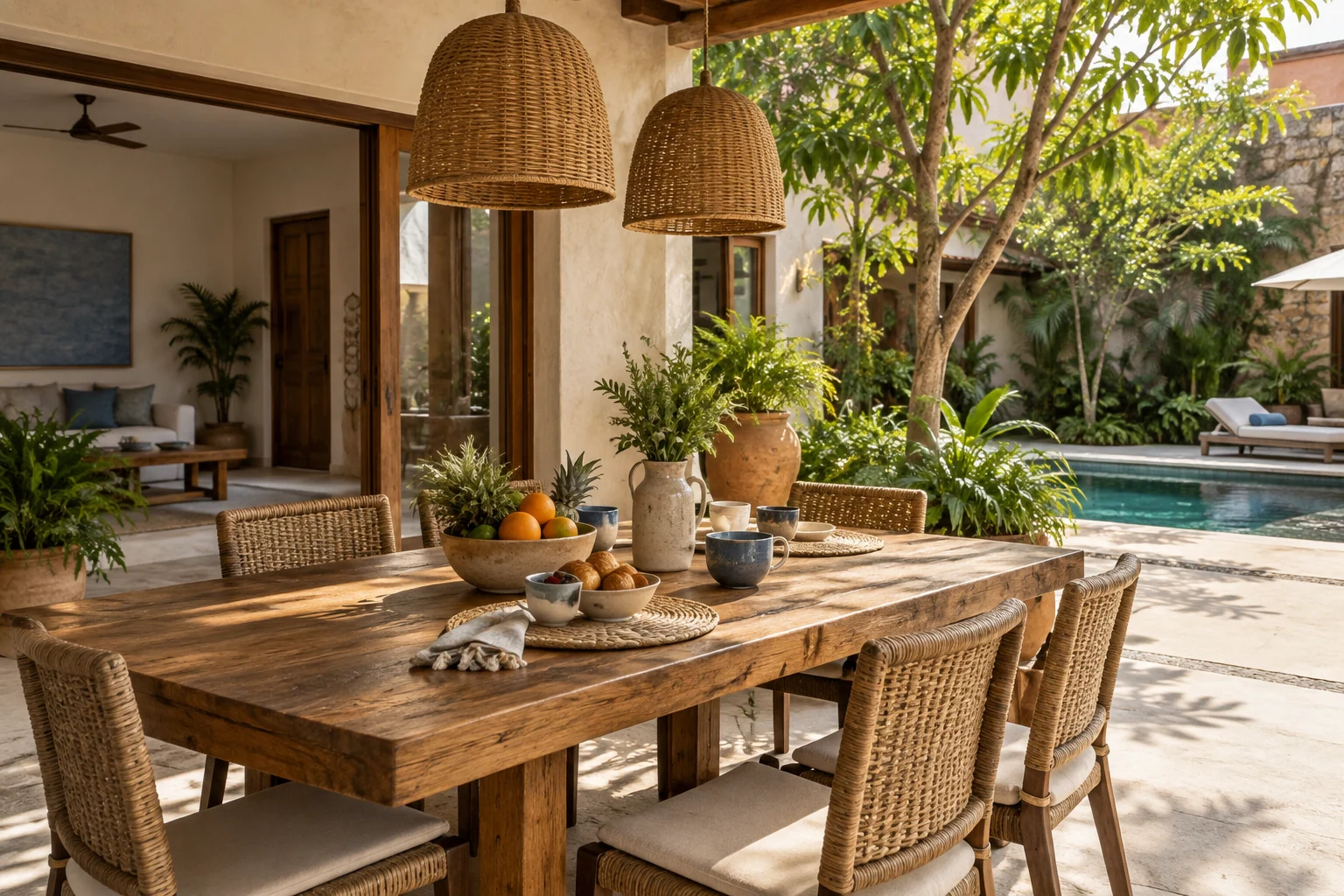 Mesa de desayuno en una terraza con jardín